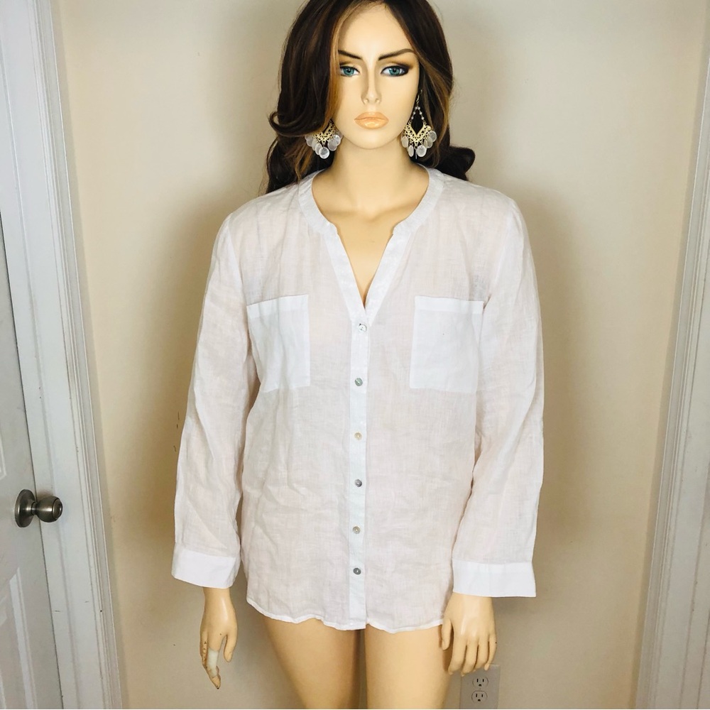 Chico's 3 Extra Large Lightweight White Linen Button-Down Long Sleeve XL Shirt